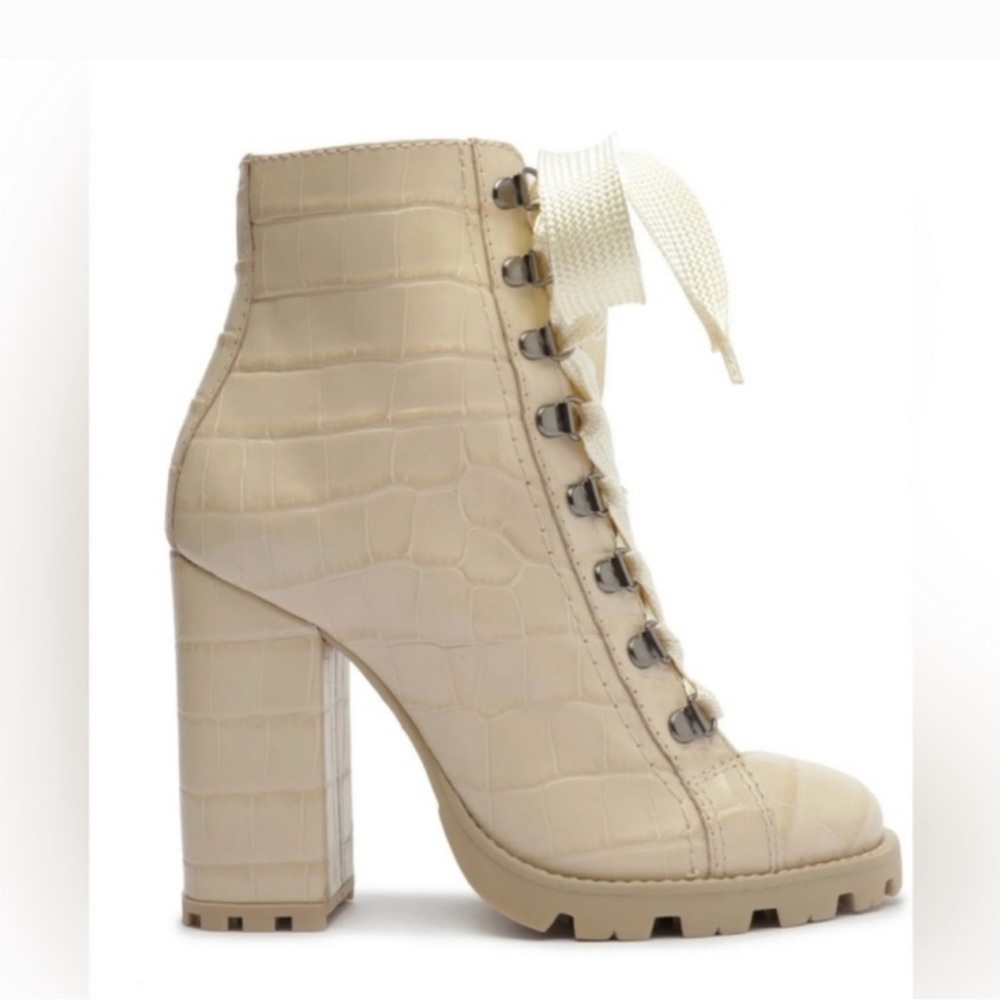 Schutz Crocodile-Embossed Leather Bootie - 7 Eggshell Crocodile-Embossed Leather